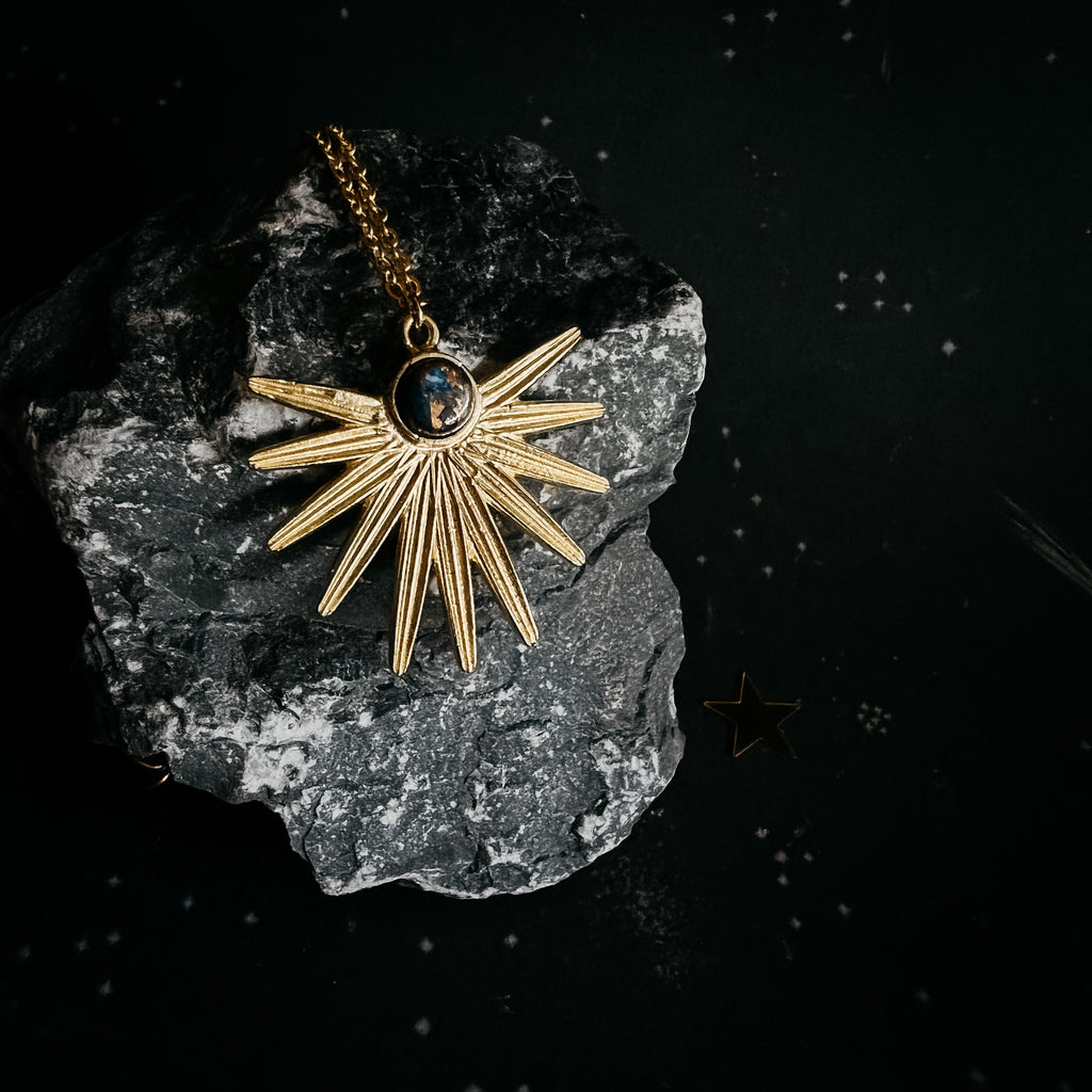Dark Before the Dawn Sunburst Pendant Necklace with Copper Lapis Lazuli